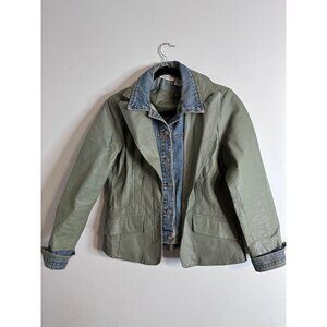 Vintage Sage Green Leather Blazer Denim Layered Jacket Size 14